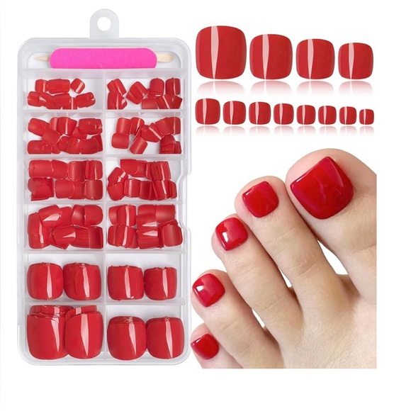 Red Press-On Toenails – 240 pcs Glossy Full Cover Set - Picture 1 of 8